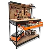Etabli de garage avec tiroir panneau perforé et étagère 120 x60 x 150 cm charge max 230 kg