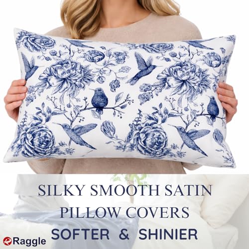 Image of RAGGLE Satin Silk Pillowcase for Hair and Skin Standard Size 18 inchX 28 inch with Soft Breathable Smooth Cooling Pillow Covers for Sleeping or Pillow Protector (2, Blue Printed)