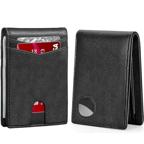 BEN & JANE RFID Blocking Slim Bifold Leather Minimalist Front Pocket Wallets for Men with ID Window and AirTag Holder (Black)