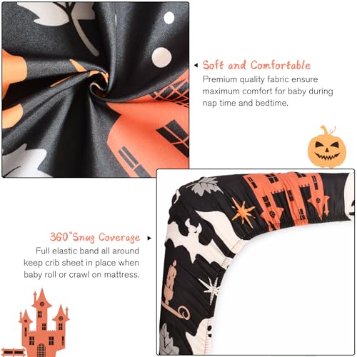 Image of JISEN Halloween Crib Sheet Ghosts Fitted Crib Sheet for Boys Girls Crib Mattress Cover Baby Sheet for Standard Crib and Toddler Mattress Soft Breathable Baby Bed Sheet for Neutral 52x28 Inch Castles