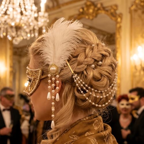 2Pcs Accesorios para el Cabello Victoriano para Mujeres, Clips de Barrette con Pluma de Avestruz y Borla de Perla Estilo Reina del Renacimiento del Siglo XVIII, Disfraz Marie Antoinette Peinado Colmena Rubio miniatura 4