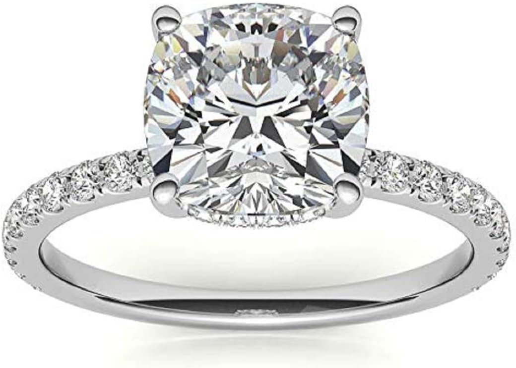 2CT-4CT Cushion Cut Moissanite Handmade Wedding Ring for Women Solitaire Hidden Halo Engagement Ring, Gift for Her