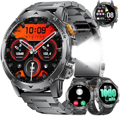 FITFLEX Smartwatch Herren, 1000mAh Akku/1.75'' HD Großes Display, Militar Smart Watch mit Bluetooth Anrufe/130+ Sportmodi/IP68 Wasserdicht Fitnessuhr mit Herzfrequenz, für Android