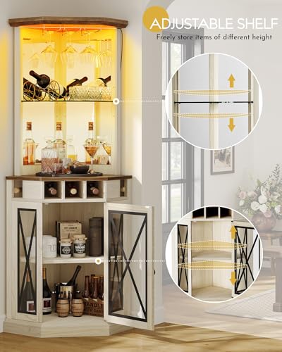 DWVO Corner Bar Cabinet with LED, 72" Tall Farmhouse Wine Cabinets, Liquor Stand w/Tempered Glass Door & Adjustable Shelf, Alcohol Storage with Wine Rack & Glass Holder for Living Room, Off White