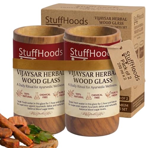 Image of Vijaysar Ayurvedic Glass /Tumbler | Lab Tested | Kino Tree Wooden Tumbler | Natural Wellness, Traditional Tumbler, Handcrafted Wood Cup | (250ml Pack of 2)