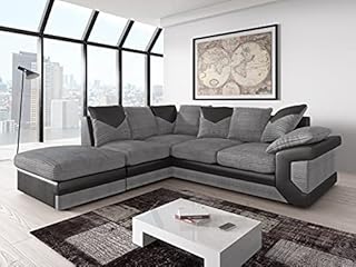 Amazing Sofas large grey corner sofa LARGE-DINO-CORNER-SOFA-GREY-BLACK-LEFT-HAND-SIDE-FOAM. Fire resistant as per British Standards, foam filled seats for comfort.