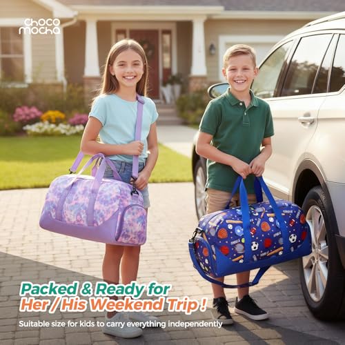 Image of Choco Mocha Kids Duffle Bag, Girls Overnight Travel Bags for Kid with Shoes Compartment, Large Weekender Bag for Sleepover, Tie Dye-Purple, Large, Duffle Only
