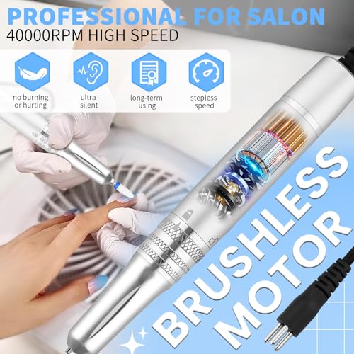 Kredioo Professional Nail Drill Brushless 40,000RPM Rechargeable 2-in-1 Portable Electric Nail File Ultra Silent Salon Must Haves Nail Tool Kit Removing Acylic Gels - Thumbnail 2