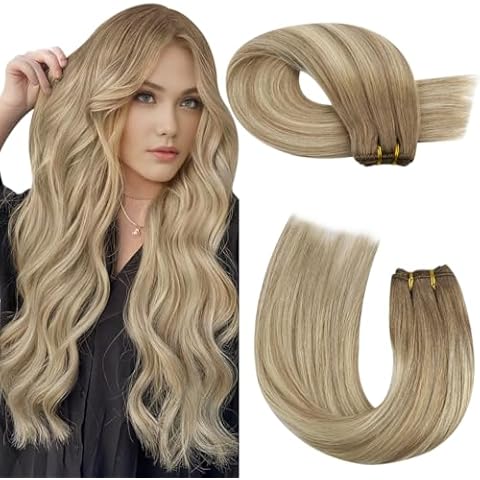 Moresoo Sew in Hair Extensions Real Human Hair Balayage Sew in Weft Hair Extensions Human Hair Ombre Light Brown with Golden Blonde Weft Hair Extensions Double Weft 20Inch 100G Cover