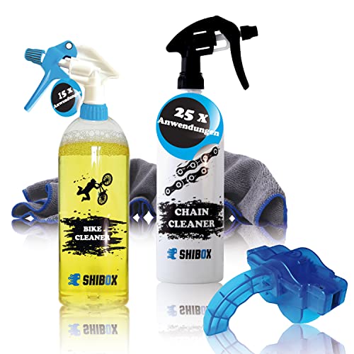Shibox Fahrrad Reiniger | Bike Cleaner für die Fahrradpflege und Reinigung | Kettenreiniger und Entfetter (1 L Bike Reiniger + 1 L Kettenreiniger + Kettenreinigungsgerät) Cover