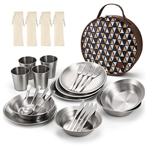 Odoland Camping Messware Kit, Stainless Steel Camping dinnerware, Camping Cooking Tableware, Camping Cutlery Organizer Utensil with Plates and Bowls Set for Backpacking, Hiking, Picnic.