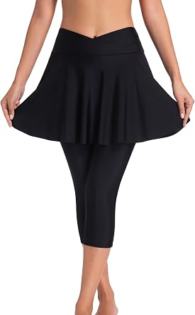 Micosuza Womens Swim Capris Leggings with Skirt Sun Protection Modest Cross High Waist Skirted Swim Pants