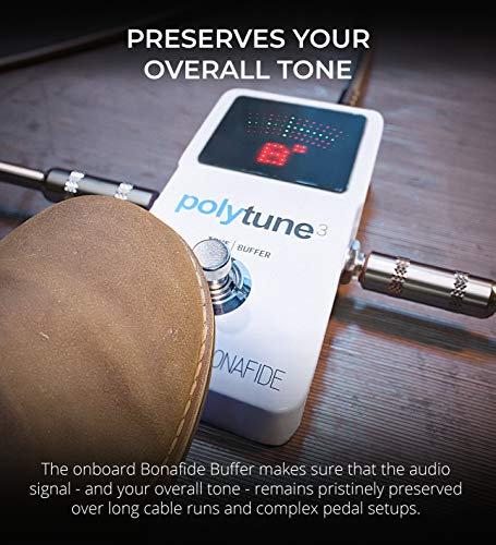 TC Electronic PolyTune 3 Polyphonic Tuner Built-In Bonafide Buffer Bundle with Blucoil Slim 9V 670ma Power Supply AC Adapter, 2-Pack of Pedal Patch Cables, and 4-Pack of Celluloid Guitar Picks - Thumbnail 3