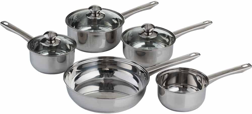 wilko 5 Piece Cookware Set - Saucepans and Frying Pan Set - Lightweight & Durable - Stainless Steel Pots & Pans Kit - with Glass Lids - Dishwasher Safe - Perfect for University