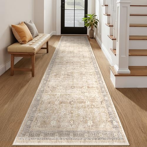 Washable Runner Rug 3x10, Vintage Earth Tone Hallway Runner for Kitchen Floor Non Slip, Low Pile Thin Long Carpet Runner for Entryway Corridor Mudroom Foyer, Farmhouse Neutral Beige Taupe Be