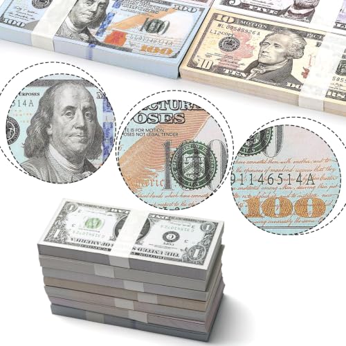 TXXATX 210 Pièces Feuilles Argent Factice Faux Argent Contient 7 Valeurs Prop Money 1/2/5/10/20/50/100 Faux Billets Billets Dollar pour Étude Films Accessoires Magie Money Gun – vue 4