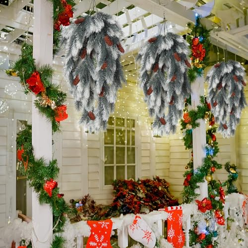 RECUTMS Hanging Artificial Greenery Artificial Pine Needle Branches Green Plant Pine Needle Accessories Faux Outdoor Plants Hanging Teardrop Christmas swags for Christmas Home Decoration(White) by RECUTMS - Image 4
