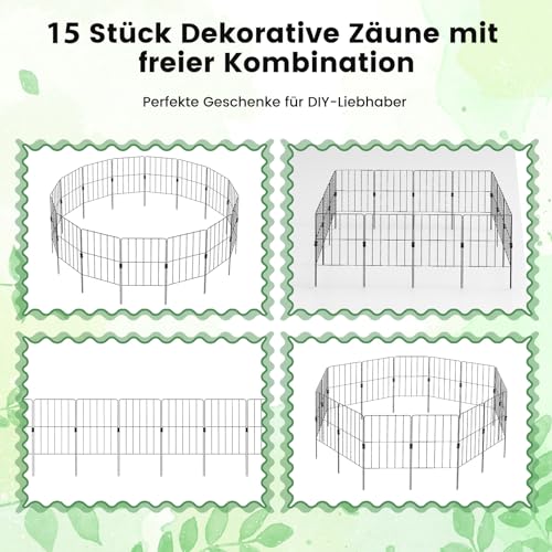 COSTWAY 15 Stück dekorativer Gartenzaun, Zaun Garten, Steckzaun Metall, 60 cm hoch, für Tierbarriere Blumenbeet Bäume, Balkon Sichtschutz, Teichzaun Beetzaun Gitterzaun rostfrei, Schwarz