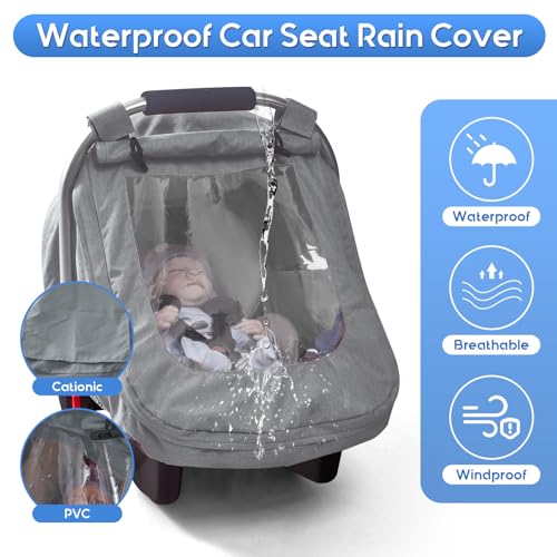 Waterproof Baby Car Seat Cover, Car Seat Rain Cover with Transparent Window, Infant Car Seat Cover with Breathable Ventilation, Windproof Carseat Canopy for Boys Girls, Winter Weather Shield for Snow