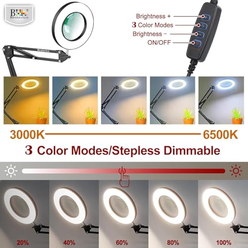 Image of BROLAVIYA Overhead 5X Magnifying Glass with Led Light and Stand, 3 Color Modes Dimmable, Large 2 Way Base clamp, Magnifier Desk Lamp for Close Work, Repair, Crafts, Makeup, Reading, Photography