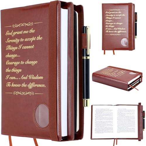 Motipuns Double Alcoholics AA Big Book Cover for 12 Steps & 12 Traditions Double AA Book Cover with Medallion Holder Pen Clip Alcoholics Gifts for Serenity Prayer(Brown)