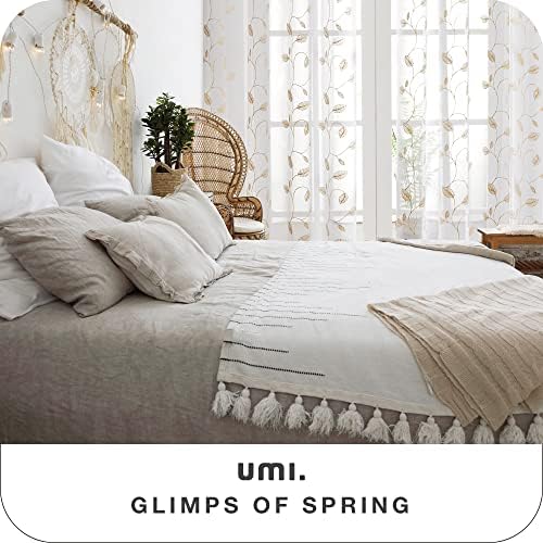 Amazon Brand - Umi Faux Linen Embroidered Voile Curtains Eyelets Top Rings Sheer Curtains Home Decorative Net Curtains for Bedroom 55 x 72 Inch Linen One Pair
