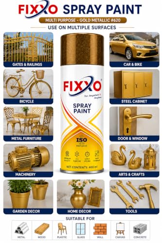 Image of Metallic Gold Spray Paint 400ml | Quick Dry Acrylic Aerosol Paint | Fast Drying, High Coverage Multipurpose Spray for Metal, Wood, Plastic, Wall, Furniture & DIY Projects, Pack of 2
