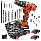 Taladro Percutor a Bateria 21V, Taladro Atornillador Batería 2 Baterías de 2,0Ah, Torque Máximo de 45Nm, 2 Velocidades, 25+3 Torque, 10mm Mandril de Metal, kit de Accesorios de 29 Piezas con Maletín