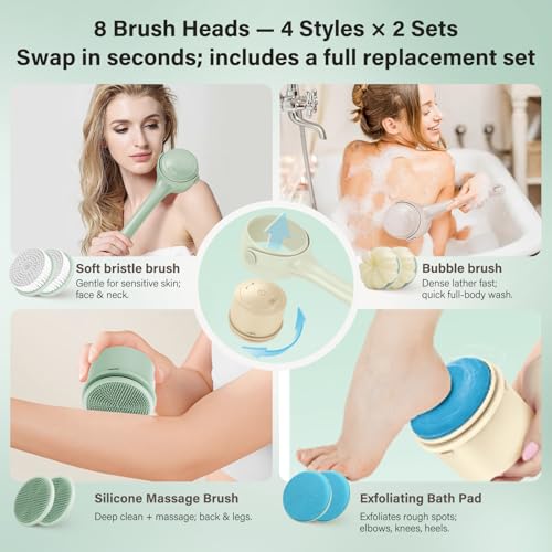 Xquyk Electric Body Brush Back Scrubber for Shower, 8 Replaceable Heads and Hook, Long Handle, 2-Speed, Type-C Rechargeable, Waterproof, for Cleansing, Exfoliating and Massaging Skin（Green）
