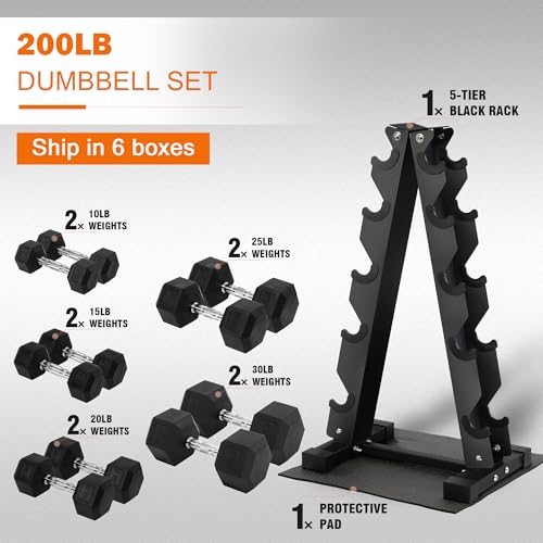 Image of Fitvids Rubber Coated Hex Dumbbell Set with Storage Rack, 100 /150 /200 /550 LB Hand Weight Set with Anti-Slip Grip for Home Gym
