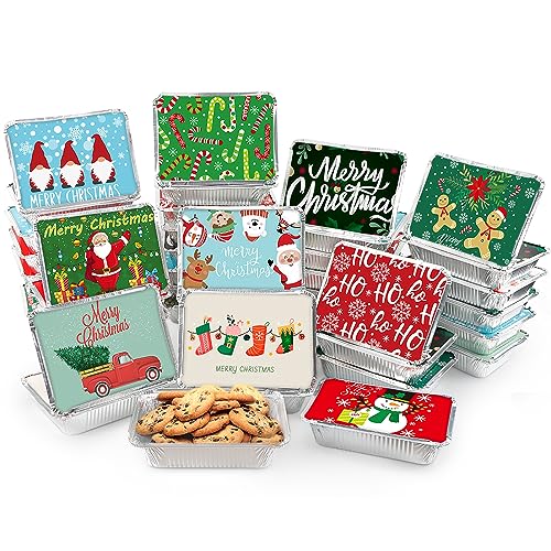 AKEROCK 50 PCS Christmas Cookie Tins with Lid, Foil Treat Containers for Holiday Gift Giving and Food Storage - Christmas Cookie Containers