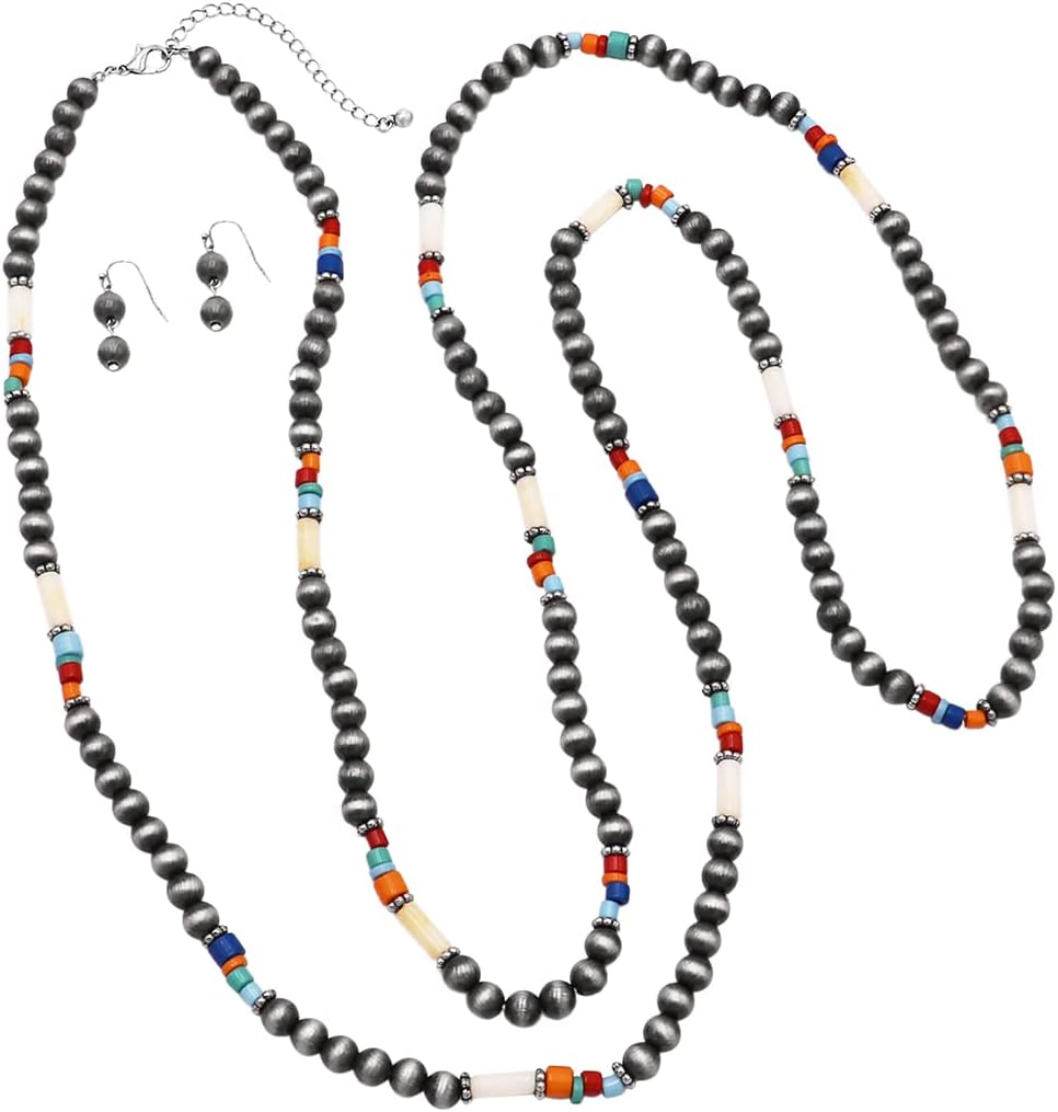 Rosemarie & Jubalee Women's Chic Western Navajo Pearl And Howlite Stone Bead Long Strand Necklace Earrings Set