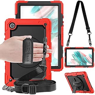 TECHGEAR UTILITY Case fits Samsung Galaxy Tab A8 10.5" (SM-X200 / SM-X205) Tough Rugged HEAVY DUTY Armour Shockproof Impact Case with 360 Rotating Stand, Hand Strap and Shoulder Strap Case - Red