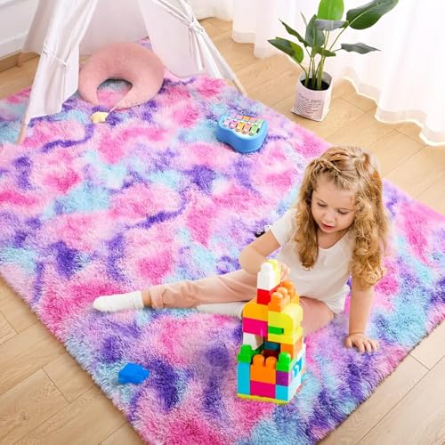image for AROGAN Soft Rainbow Area Rugs for Girls Room, Fluffy Girls Bedroom Rug