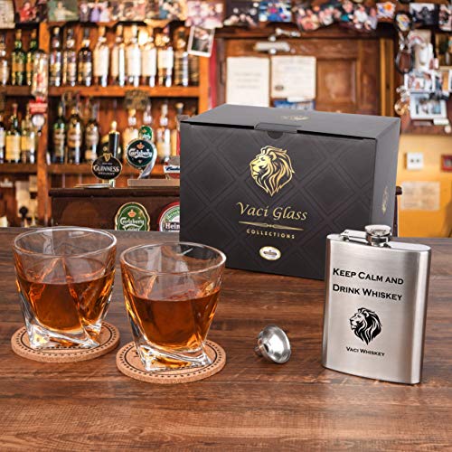 Vaci Crystal Whiskey Glasses – Set Of 2 Bourbon Glasses, Tumblers For Drinking Scotch, Cognac, Irish Whisky, Large 10Oz Premium Lead-Free With Stainless Steel Flasks, Cups, Luxury Gift Box #TOP3