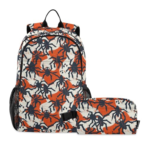 siphylline Zaino per ragazzi con ragni di Halloween e fantasmi con portapranzo, zaino per la scuola con borsa per il pranzo, borsa per il pranzo, per ragazze adolescenti con portapranzo età 8-10 anni,