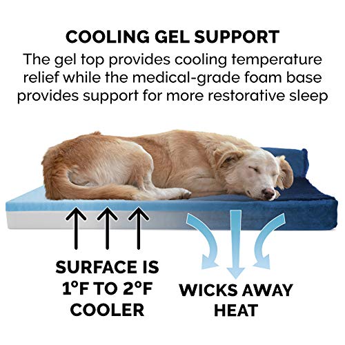 Image of Furhaven Cooling Gel Dog Bed for Large Dogs w / Removable Bolsters & Washable Cover, For Dogs Up to 125 lbs - Plush & Velvet L Shaped Chaise - Deep Sapphire, Jumbo Plus /XXL