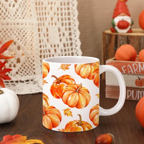 Fall Mug Watercolor Pumpkin Leaves Coffee Mug 12oz Orange Pumpkin...