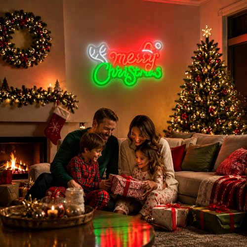 Image of Merry Christmas Neon Sign, JGHTURIE Dimmable Neon Signs for Wall Decor, Light Up Sign for Christmas Party, Bar, Office, Bedroom, or Home Decor - LED Light Signs USB Powered