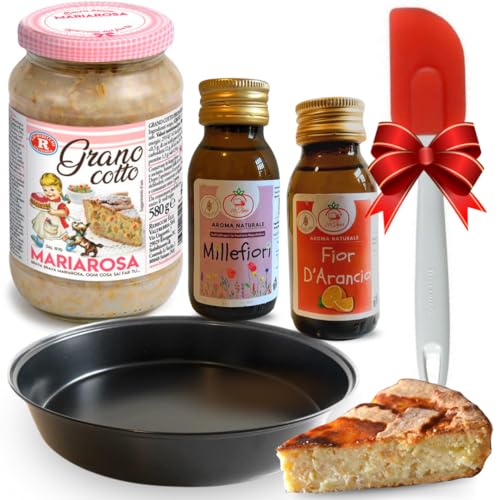 Grano Cotto Per Pastiera Napoletana 580gr + Aroma Millefiori 60cc + Aroma Fior D'Arancio 60cc + Pennello/Spatola Silicone + Teglia Forno Tonda - Pasqua 2025