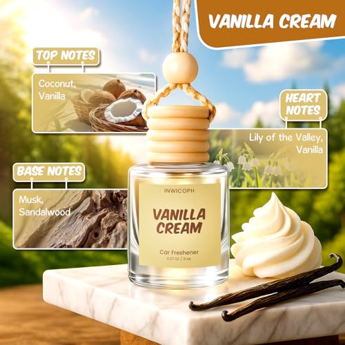 INWICOPH Premium Car Air Freshener Diffuser Set (2 Pack) - Vanilla Cream Fragrance Oil, 45+ Day Long-Lasting Hanging Auto Freshener