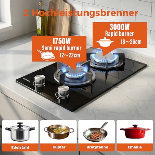 Topwish Gaskochfeld 2 flammig, Gasherd 2 flammig 4750W | Glas Gaskochfeld einbau, NG/LPG konvertierbar, zündautomatik, thermoelementschutz, 30cm – Bild 5