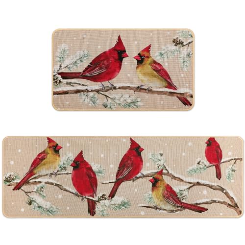 Percozzi Cardinal Kitchen Mats Red Cardinal Bird Kitchen Mats for Floor Christmas Doormats Bathroom Decor Cardinal Gifts for Bird Lovers Nerds Watchers Set of 2-17x29 and 17x47 Inch