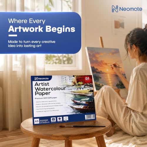 Image of Neomate Artists Watercolour Paper | 300 GSM, Size A5, Cold Pressed | Pack of 24 Sheets | Ideal for Artist, Professional Drawing, Painting Dry & Wet, Fine Arts Students