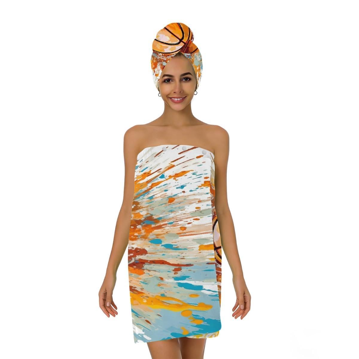 Mikrofaser-Duschtuch für Damen, mit Haar-Handtuch, Aquarell-Spritzer, Basketball, weiche Körperwickel, Kleid mit Haartrocknungskappe für Strand, Pool, Spa, 2 Sets
