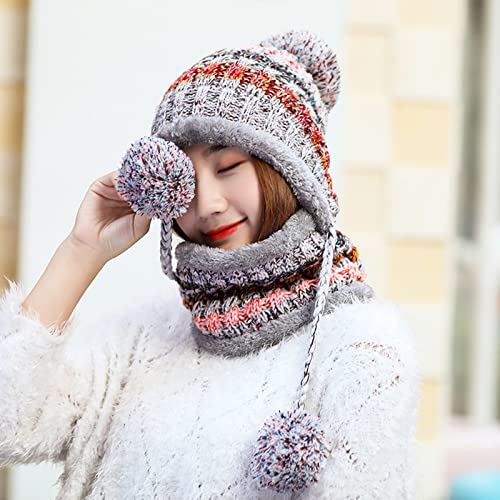 Women Girls Knitted Hat Scarf Set Winter Fleece Lined Beanie Hat Peruvian Cover Ears Skull Cap Ski Snow Hats With 3 Pompoms #TOP3