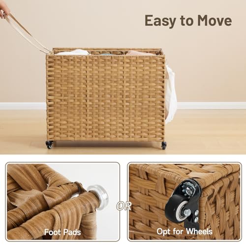 Laundry Hamper with Wheels, 52.8 Gallon(200L) Rolling Laundry Basket with Lid, Removable Large 3 Color Liners & 3 Mesh Laundry Bags, Clothes Hamper with Side Pocket, Natural by Hiagnete - Used condition - Image 8