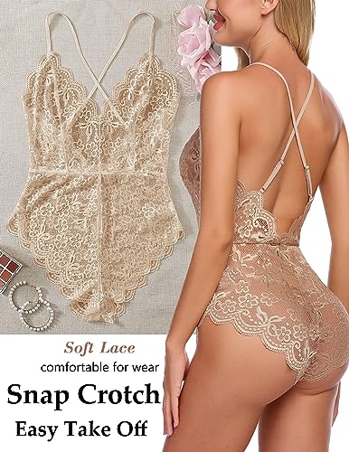 Image of Avidlove Sexy Lingerie for Women Deep V Teddy Sheer Lace Bodysuit Snap Crotch One Piece Babydoll