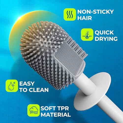 Image of Silicone Toilet Brush, L-Shaped Toilet Brush and Holder Set, Bathroom Toilet Brush with Long Non-Slip Handle, Wall Mounted or Floor Standing Design, for Home and RV Use