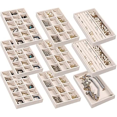 Frebeauty Jewelry Organizer Tray,Stackable Velvet Jewelry Trays,Drawer Inserts Earring Organizer For Women Jewelry Storage Display Case for Rings Stud Necklaces,Set of 9(Beige) Cover
